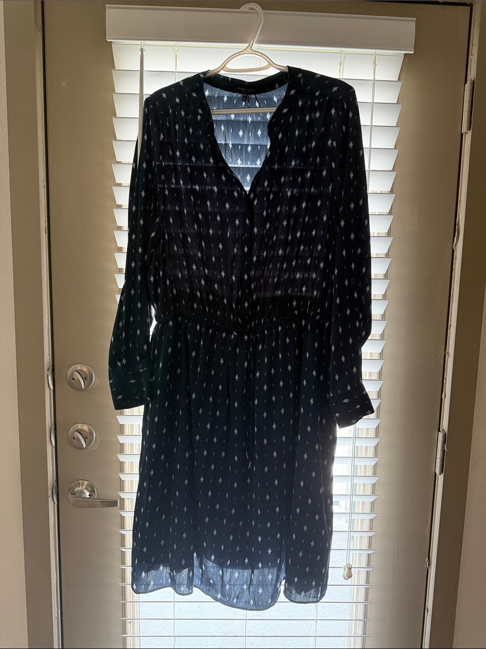 Long Sleeve Black Printed Shirred-Waist Dress